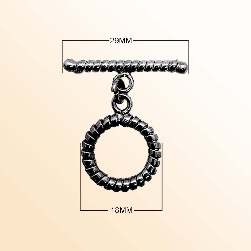 Handcrafted Black Rhodium Overlay toggle clasp from India with textured circular ring and twisted bar design.