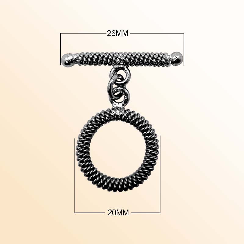 Handcrafted Black Rhodium Overlay toggle clasp from India with coil pattern circular ring and bar design for jewelry.