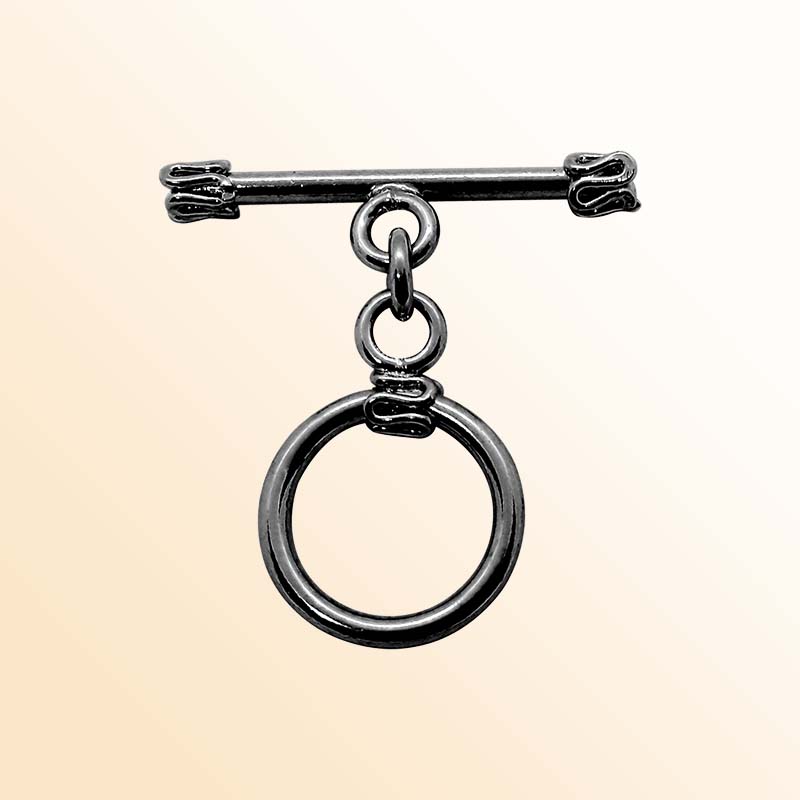 Handcrafted Black Rhodium Overlay toggle clasp from India with smooth circular connector and patterned bar design for bracelets and necklaces.