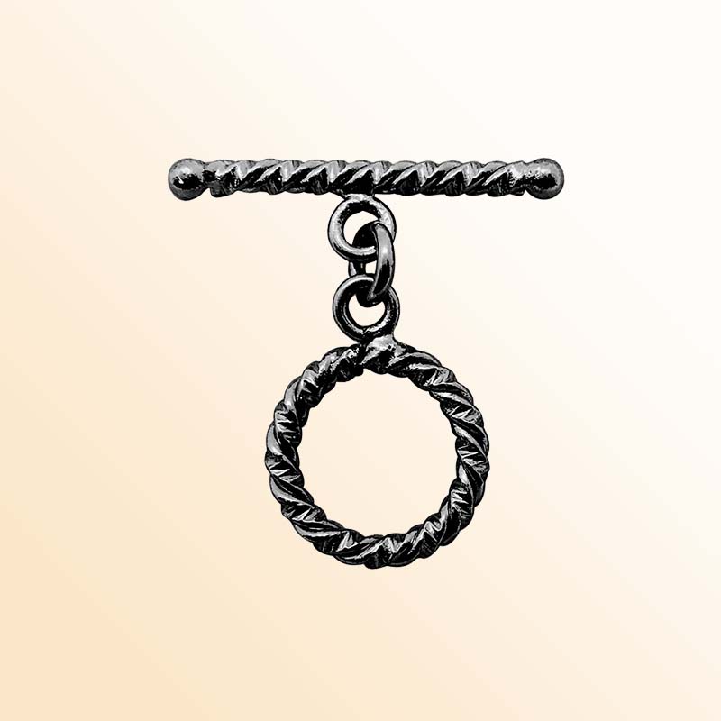 Handcrafted Black Rhodium Overlay twisted toggle clasp with textured circular ring and bar, made in India.