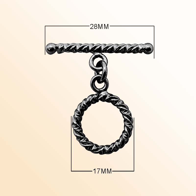 Handcrafted Black Rhodium Overlay twisted toggle clasp with textured circular ring and bar, made in India.