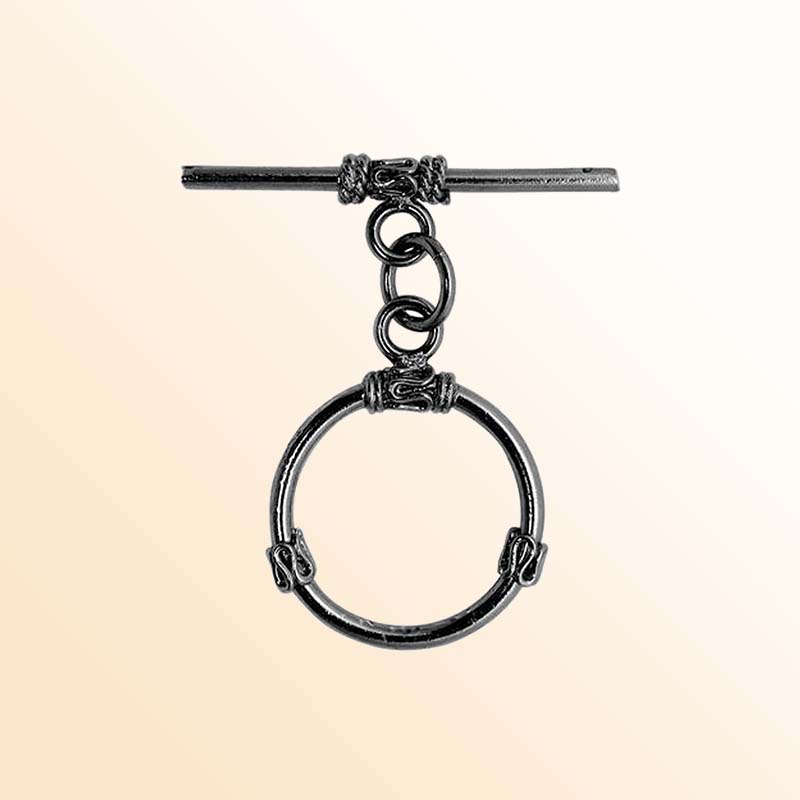 Handcrafted Black Rhodium Overlay wrapped toggle clasp with circular ring and bar, made in India.