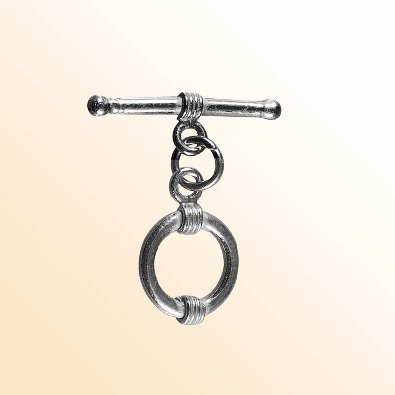 Handcrafted Black Rhodium Overlay toggle clasp with circular wrapped detailing, made in India.