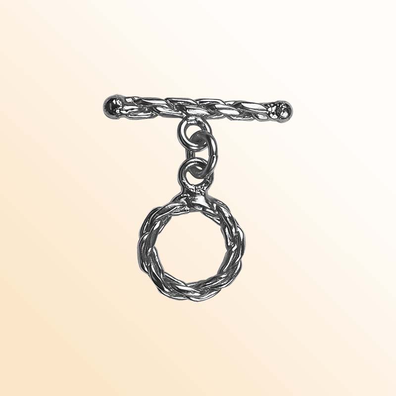 Handcrafted Black Rhodium Overlay braided toggle clasp jewelry piece with twisted ring and bar, made in India.