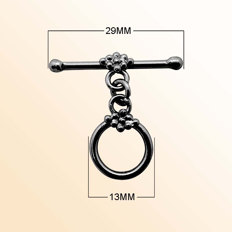 Handcrafted Black Rhodium Overlay floral toggle clasp jewelry with ball accents and circular ring, made in India.