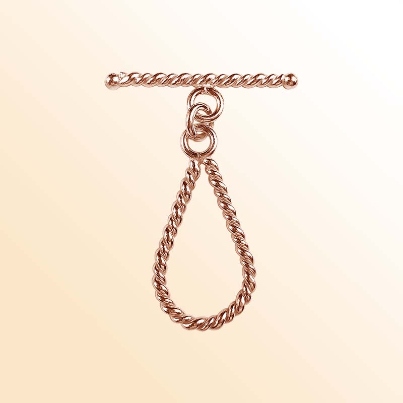 Rose Gold Overlay toggle clasp from India with rope-textured teardrop loop and polished twisted bar.