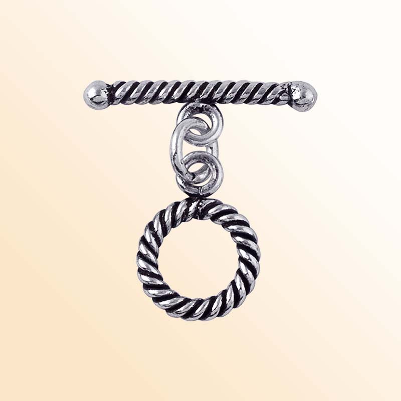 Decorative Silver Overlay toggle clasp with twisted rope pattern, round loop and bar design, oxidized finish, artisan jewelry fastener for necklaces and bracelets.