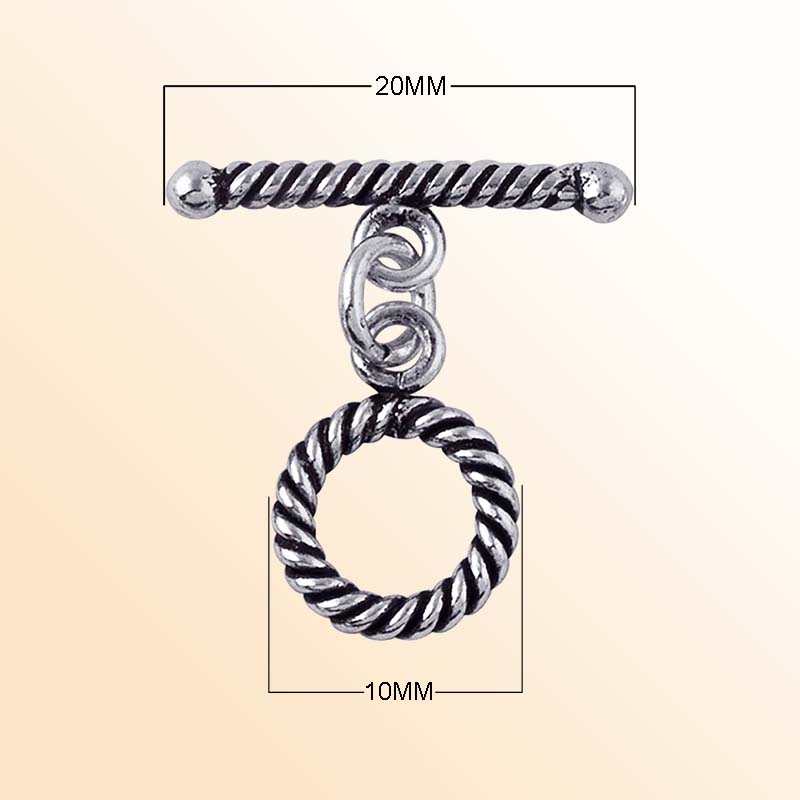 Decorative Silver Overlay toggle clasp with twisted rope pattern, round loop and bar design, oxidized finish, artisan jewelry fastener for necklaces and bracelets.