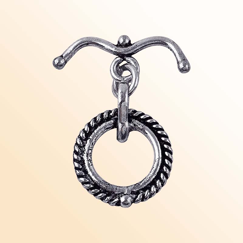 Decorative Silver Overlay toggle clasp with curved bar and rope-style circular loop, oxidized finish, artisan jewelry fastener for bracelets and necklaces.