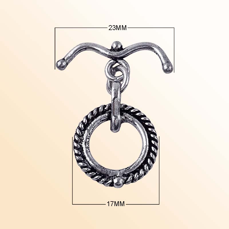 Decorative Silver Overlay toggle clasp with curved bar and rope-style circular loop, oxidized finish, artisan jewelry fastener for bracelets and necklaces.