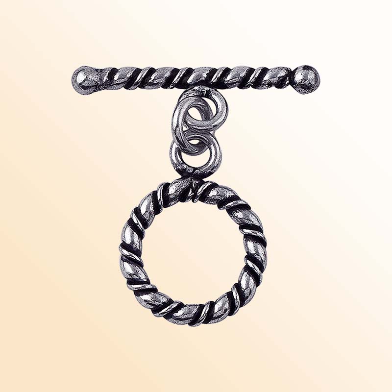 Decorative Silver Overlay toggle clasp with twisted rope bar and circular loop, oxidized finish, artisan jewelry fastener for bracelets and necklaces.