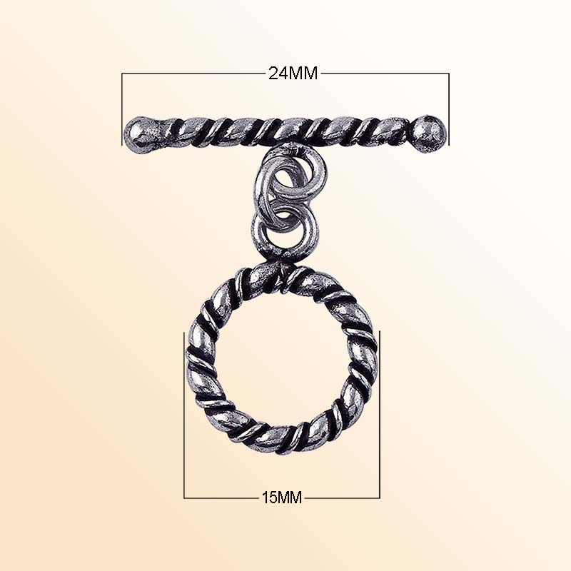 Decorative Silver Overlay toggle clasp with twisted rope bar and circular loop, oxidized finish, artisan jewelry fastener for bracelets and necklaces.