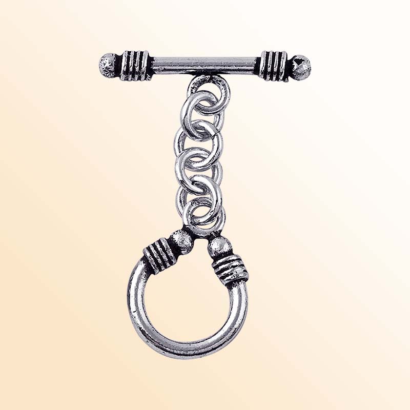 Decorative Silver Overlay toggle clasp with bar, chain link connector, and U-shaped ring, oxidized finish, artisan jewelry fastener for bracelets and necklaces.