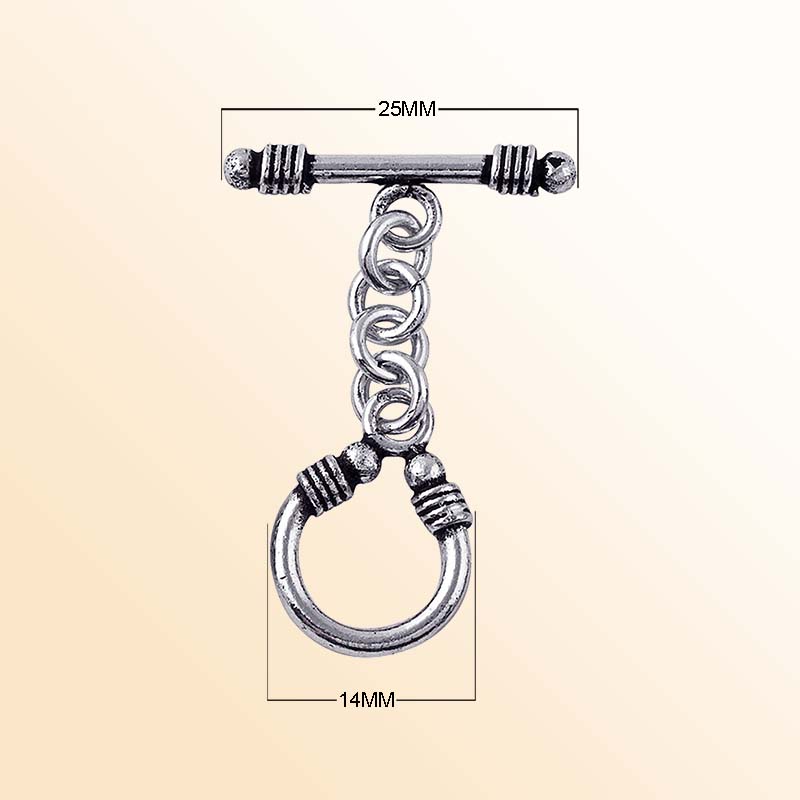 Decorative Silver Overlay toggle clasp with bar, chain link connector, and U-shaped ring, oxidized finish, artisan jewelry fastener for bracelets and necklaces.