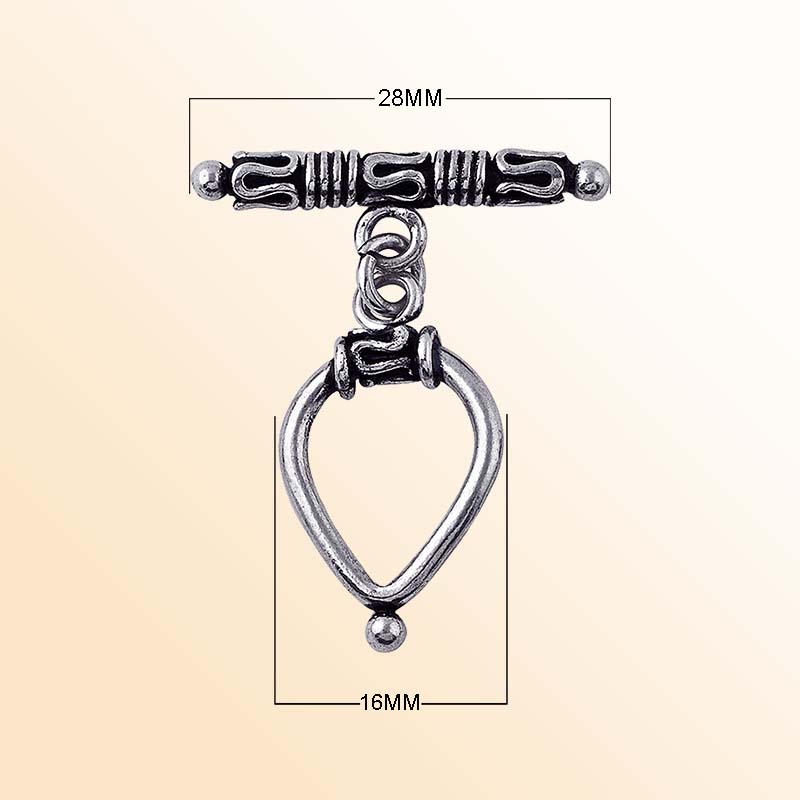 Bulk Silver Overlay teardrop toggle fastener with decorative bar, wholesale Bali jewelry finding for bracelets and necklaces.