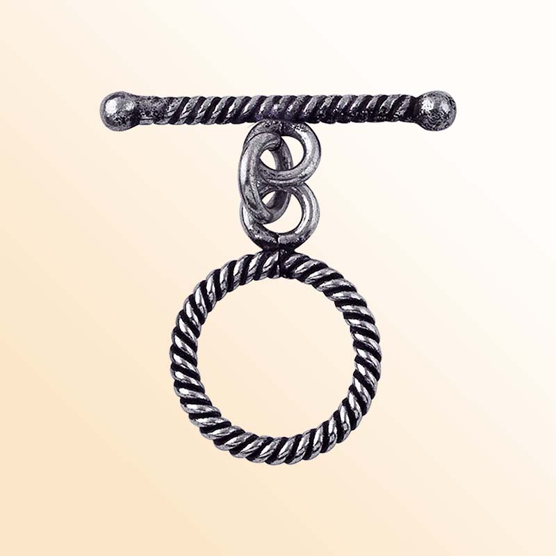 Antique Silver Overlay rope toggle clasp with twisted ring and textured bar, handcrafted Bali jewelry closure for bracelets and necklaces.