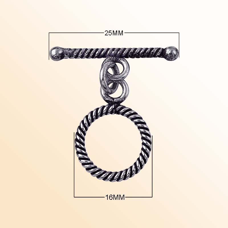 Antique Silver Overlay rope toggle clasp with twisted ring and textured bar, handcrafted Bali jewelry closure for bracelets and necklaces.