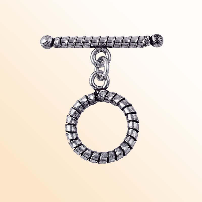 Antique Silver Overlay ridged toggle clasp with circular ring and textured bar, handcrafted Bali jewelry closure for necklaces and bracelets.