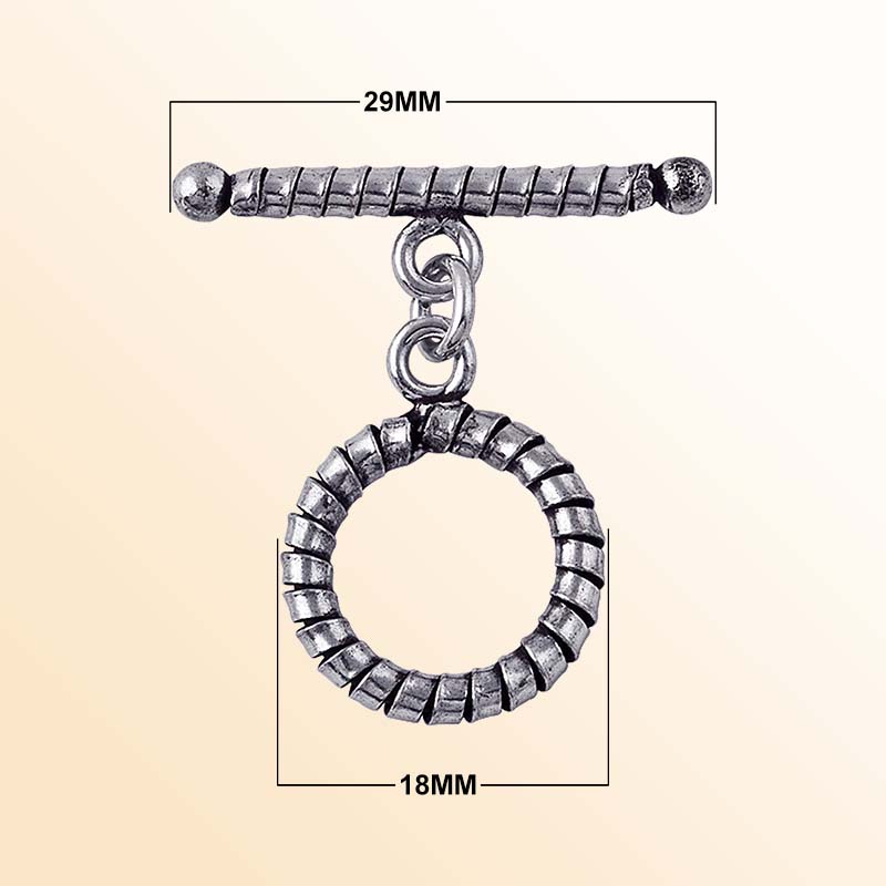 Antique Silver Overlay ridged toggle clasp with circular ring and textured bar, handcrafted Bali jewelry closure for necklaces and bracelets.