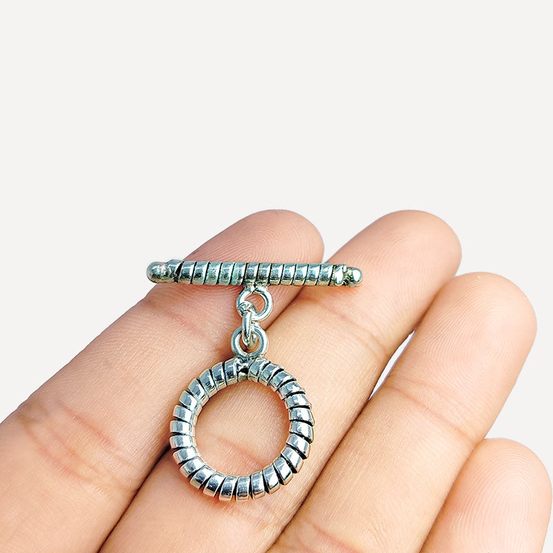Antique Silver Overlay ridged toggle clasp with circular ring and textured bar, handcrafted Bali jewelry closure for necklaces and bracelets.