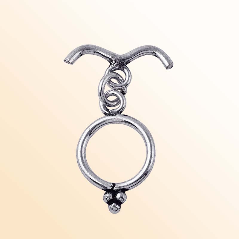 Handcrafted Antique Silver Overlay toggle clasp with curved V-bar and beaded ring, Bali jewelry closure for necklaces and bracelets.