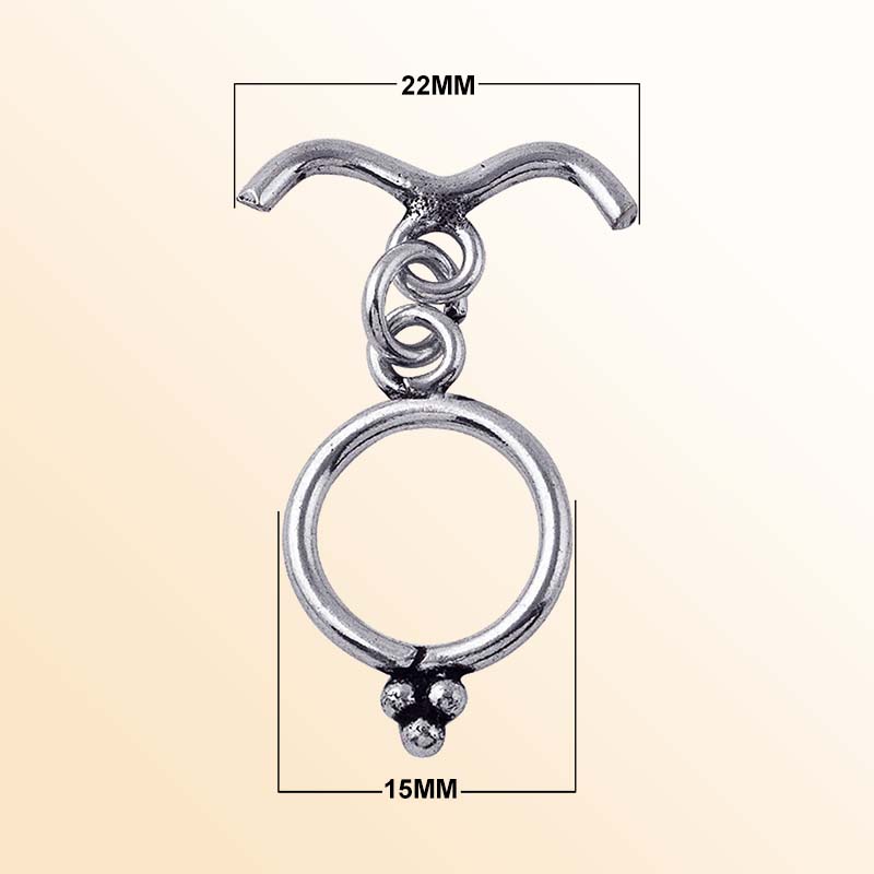 Handcrafted Antique Silver Overlay toggle clasp with curved V-bar and beaded ring, Bali jewelry closure for necklaces and bracelets.