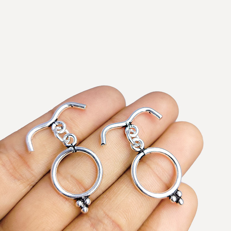 Handcrafted Antique Silver Overlay toggle clasp with curved V-bar and beaded ring, Bali jewelry closure for necklaces and bracelets.
