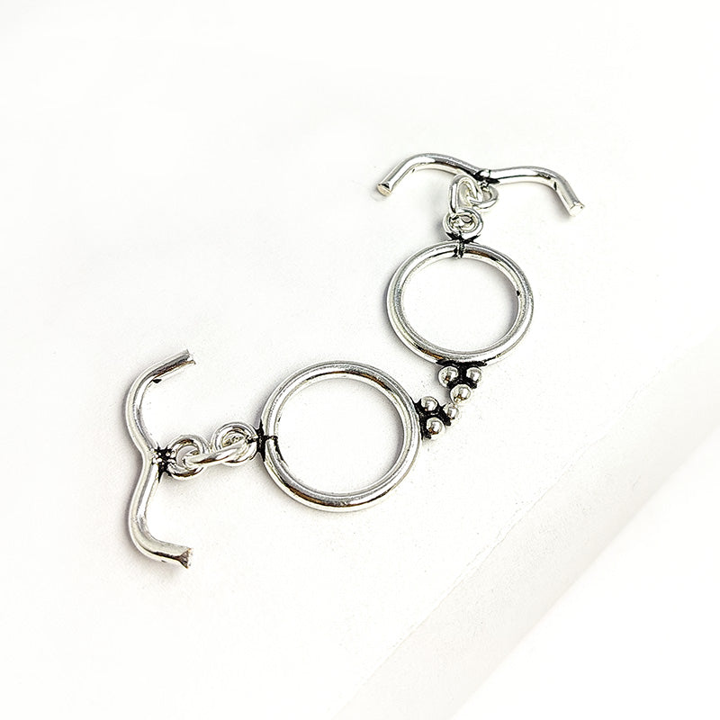 Handcrafted Antique Silver Overlay toggle clasp with curved V-bar and beaded ring, Bali jewelry closure for necklaces and bracelets.