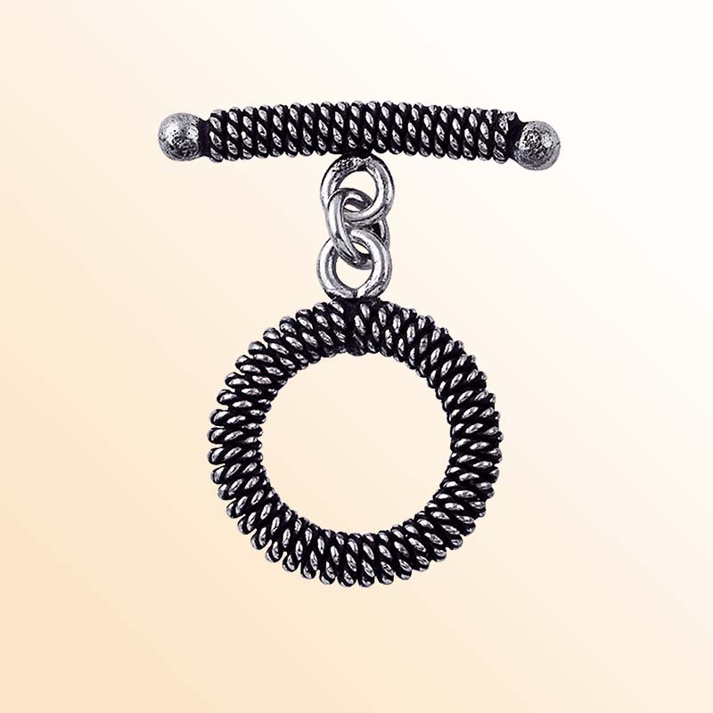 Handcrafted Antique Silver Overlay spiral toggle clasp with wire-wrapped ring and textured bar, Bali jewelry closure for necklaces and bracelets.