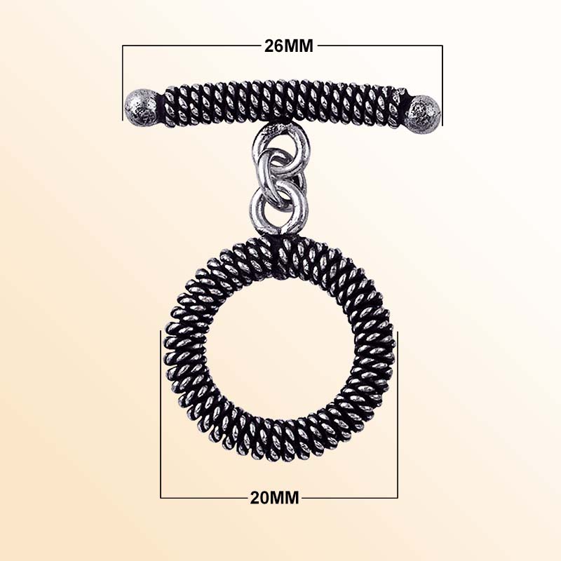 Handcrafted Antique Silver Overlay spiral toggle clasp with wire-wrapped ring and textured bar, Bali jewelry closure for necklaces and bracelets.