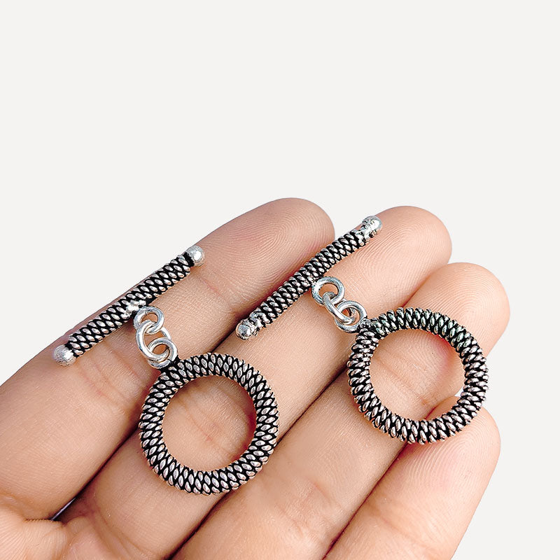 Handcrafted Antique Silver Overlay spiral toggle clasp with wire-wrapped ring and textured bar, Bali jewelry closure for necklaces and bracelets.