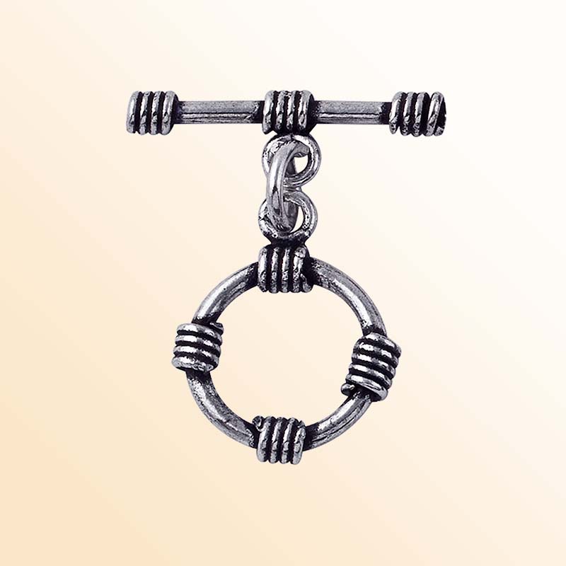 Handcrafted antique Silver Overlay toggle clasp with wrapped wire circular ring and bar, Bali jewelry closure for necklaces and bracelets.