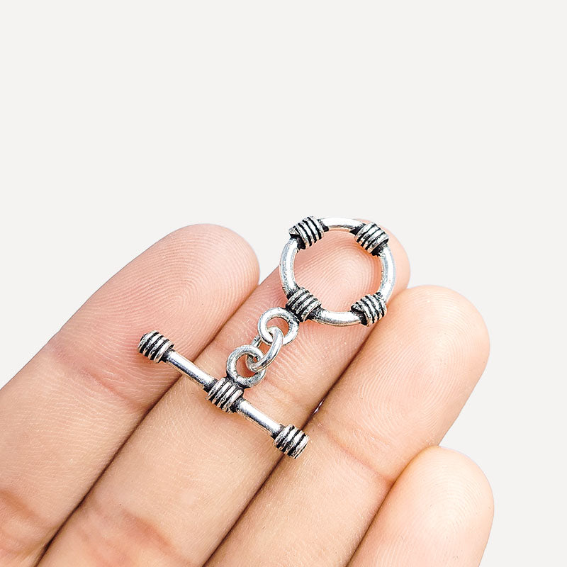 Handcrafted antique Silver Overlay toggle clasp with wrapped wire circular ring and bar, Bali jewelry closure for necklaces and bracelets.