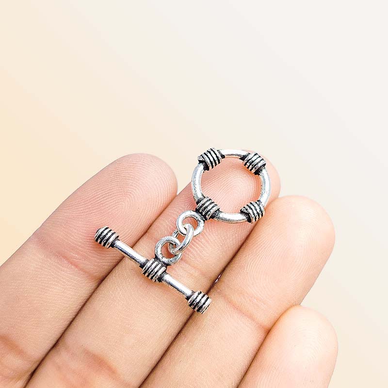 Handcrafted antique Silver Overlay toggle clasp with wrapped wire circular ring and bar, Bali jewelry closure for necklaces and bracelets.