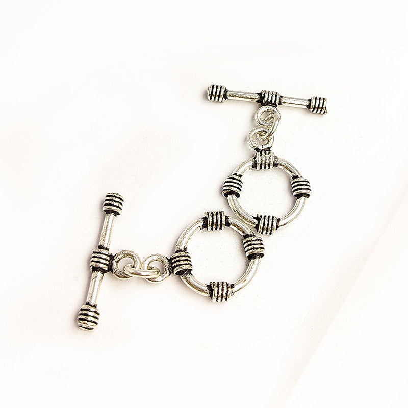 Handcrafted antique Silver Overlay toggle clasp with wrapped wire circular ring and bar, Bali jewelry closure for necklaces and bracelets.