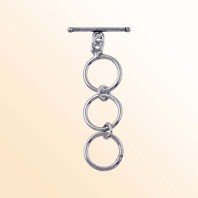 Handcrafted Antique Silver Overlay triple ring toggle clasp with sleek bar, Bali jewelry closure for necklaces and bracelets.