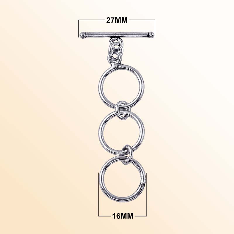 Handcrafted Antique Silver Overlay triple ring toggle clasp with sleek bar, Bali jewelry closure for necklaces and bracelets.