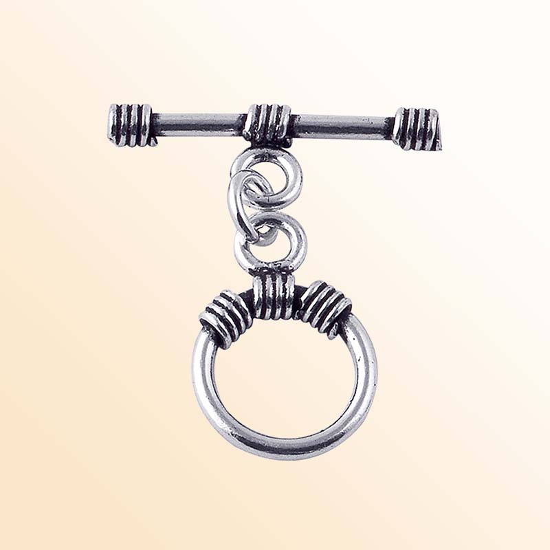 Handcrafted antique Silver Overlay toggle clasp with circular ring and wrapped wire details, Bali jewelry closure for necklaces and bracelets.