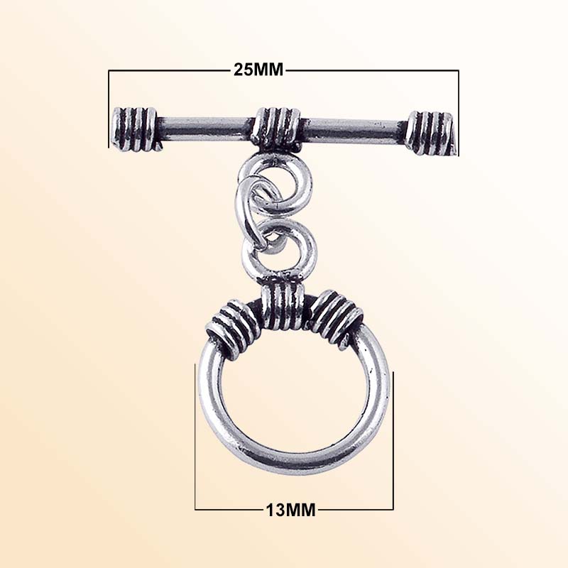 Handcrafted antique Silver Overlay toggle clasp with circular ring and wrapped wire details, Bali jewelry closure for necklaces and bracelets.
