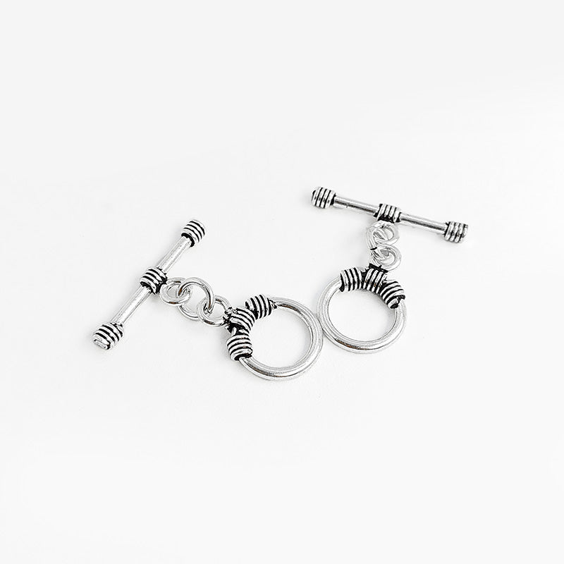 Handcrafted antique Silver Overlay toggle clasp with circular ring and wrapped wire details, Bali jewelry closure for necklaces and bracelets.