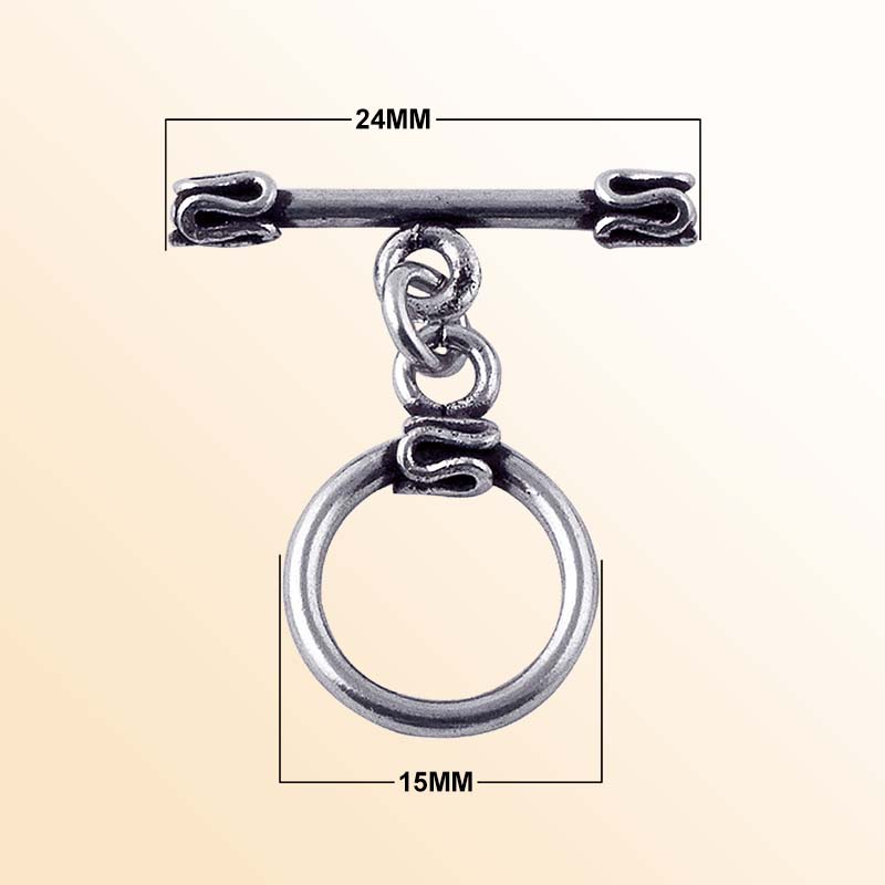 Handcrafted antique Silver Overlay toggle clasp with circular ring and folded edge detailing, Bali jewelry closure for necklaces and bracelets.
