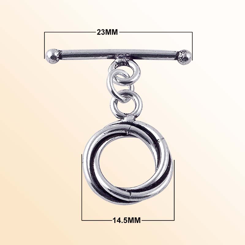 Handcrafted antique Silver Overlay toggle clasp with interlocking double rings and straight bar, Bali jewelry closure for necklaces and bracelets.
