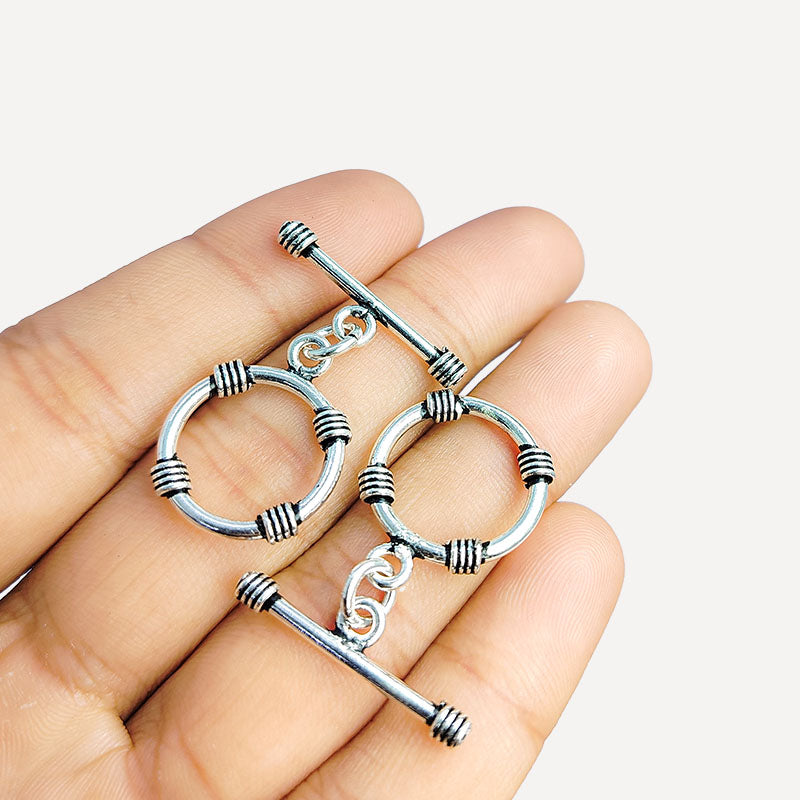 Vintage Silver Overlay toggle clasp with textured round ring and polished bar, ideal for DIY bracelets, necklaces, and handmade jewelry projects.