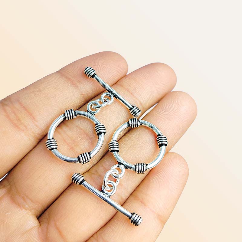 Vintage Silver Overlay toggle clasp with textured round ring and polished bar, ideal for DIY bracelets, necklaces, and handmade jewelry projects.