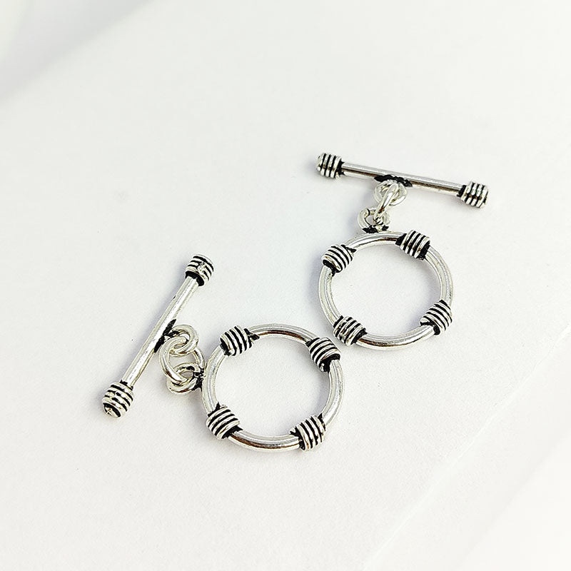 Vintage Silver Overlay toggle clasp with textured round ring and polished bar, ideal for DIY bracelets, necklaces, and handmade jewelry projects.