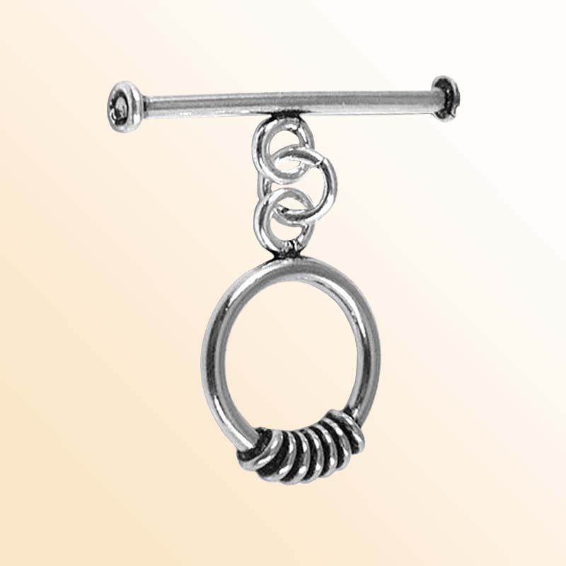 Stylish Silver Overlay toggle clasp with round coil-accented ring and straight bar, ideal for DIY bracelets, necklaces, and handmade jewelry projects.