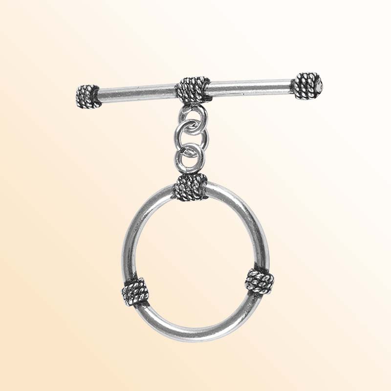 Elegant Silver Overlay rope accent toggle clasp, handcrafted in India – polished round loop and bar closure for necklaces and bracelets.