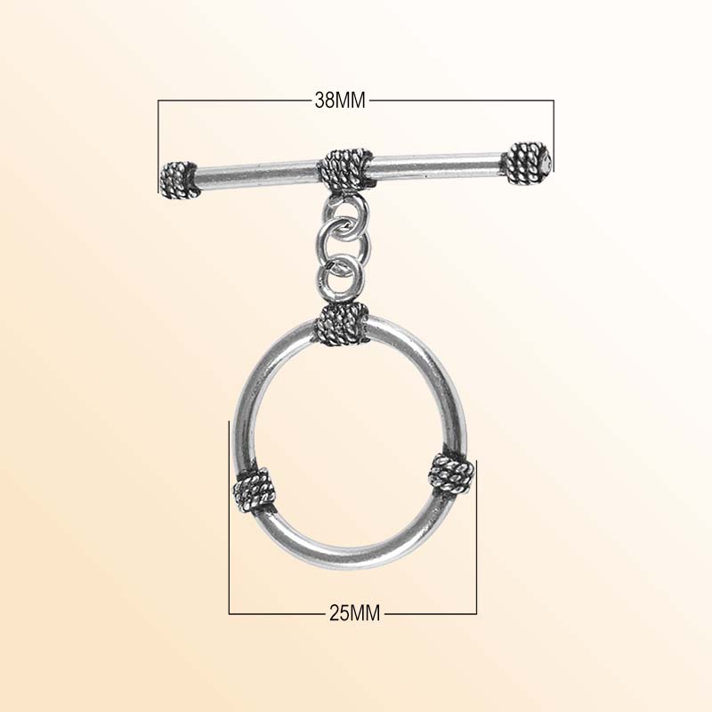Elegant Silver Overlay rope accent toggle clasp, handcrafted in India – polished round loop and bar closure for necklaces and bracelets.