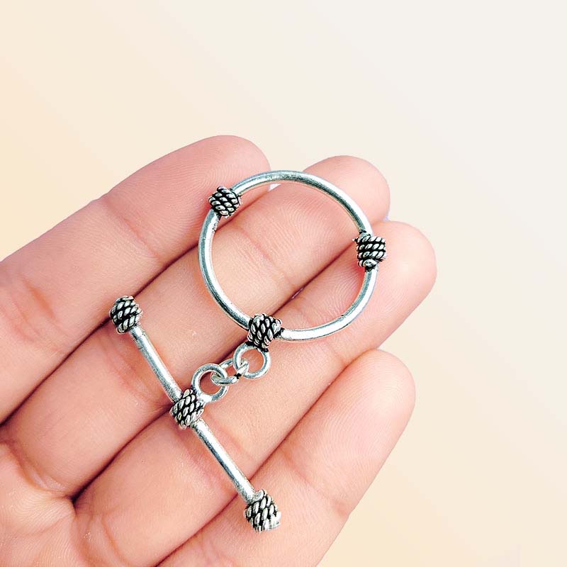 Elegant Silver Overlay rope accent toggle clasp, handcrafted in India – polished round loop and bar closure for necklaces and bracelets.