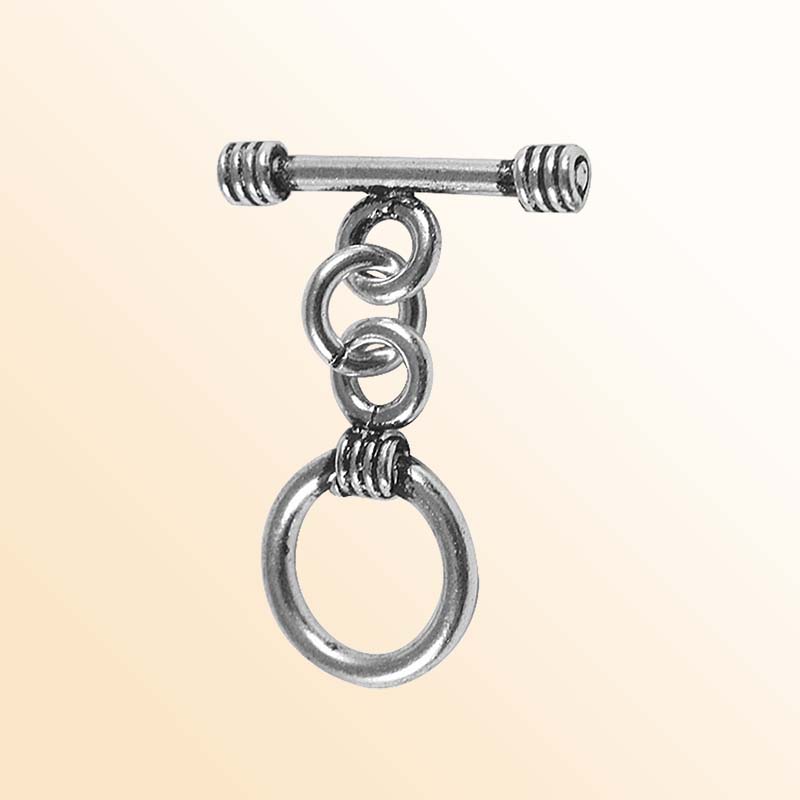 Polished Silver Overlay toggle closure with coil accents, handcrafted in India for bracelets and necklaces.